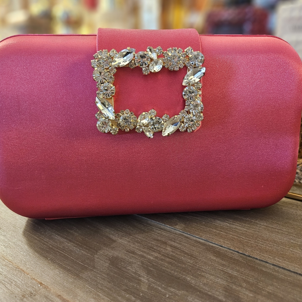 Pink Satin Clutch with Crystal Embellishment & Removable Strap